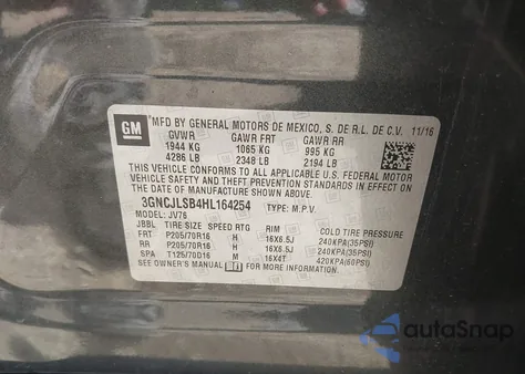 2017 Chevrolet Trax Lt z USA, uszkodzony, nr VIN 3GNCJLSB4HL164254